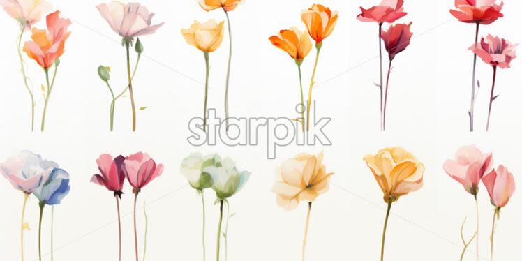 A set of flowers painted in oil on a white background - Starpik Stock