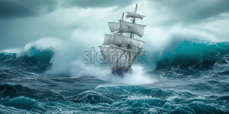 A ship with white sails during a storm - Starpik Stock