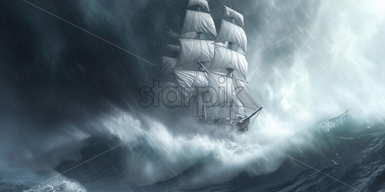 A ship with white sails during a storm - Starpik Stock