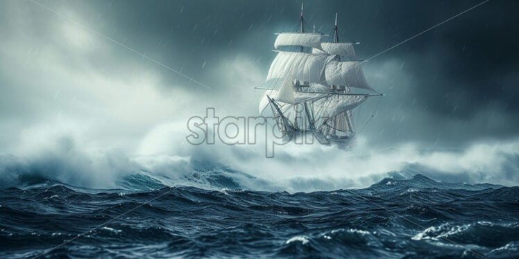 A ship with white sails during a storm - Starpik Stock