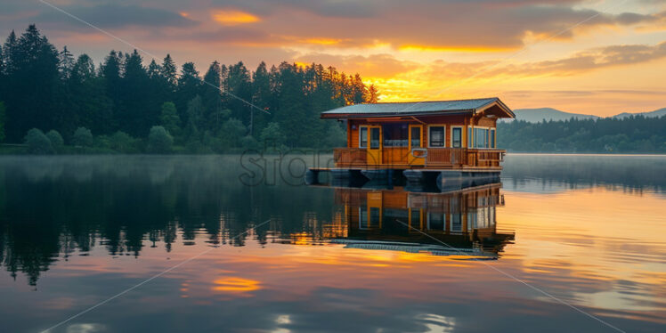 A small house floating on a lake at sunrise - Starpik Stock