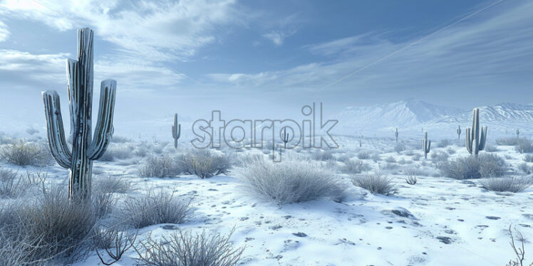 A snowy desert, with cacti covered in snow - Starpik Stock