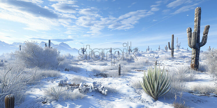 A snowy desert, with cacti covered in snow - Starpik Stock