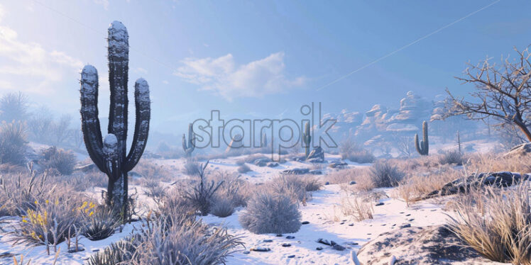 A snowy desert, with cacti covered in snow - Starpik Stock