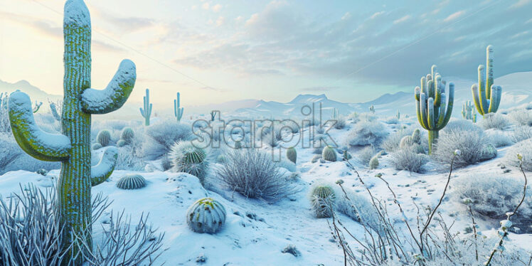 A snowy desert, with cacti covered in snow - Starpik Stock