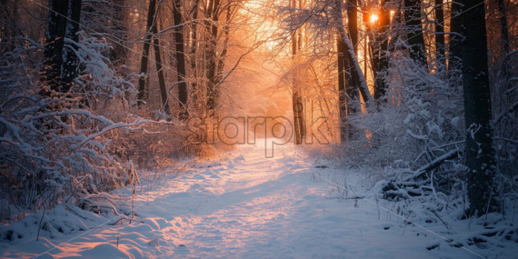 A snowy path in a winter forest at sunset - Starpik Stock