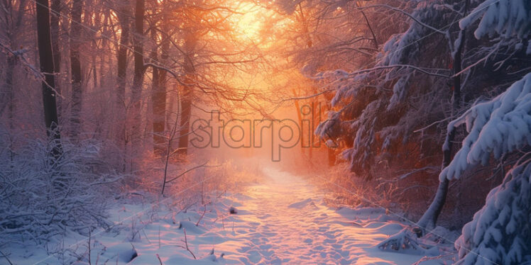 A snowy path in a winter forest at sunset - Starpik Stock