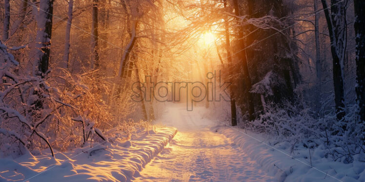 A snowy path in a winter forest at sunset - Starpik Stock