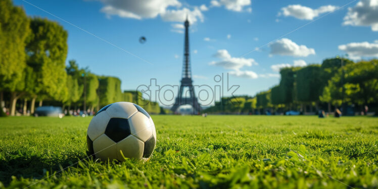 A soccer ball on the grass, the Eiffel Tower in the background - Starpik Stock