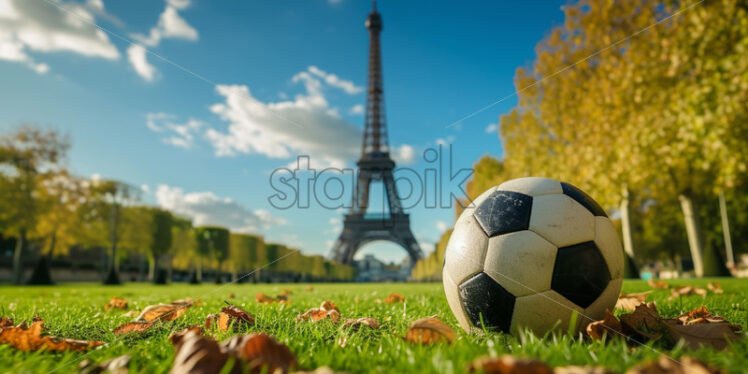 A soccer ball on the grass, the Eiffel Tower in the background - Starpik Stock