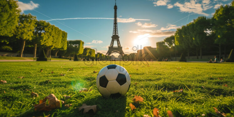 A soccer ball on the grass, the Eiffel Tower in the background - Starpik Stock