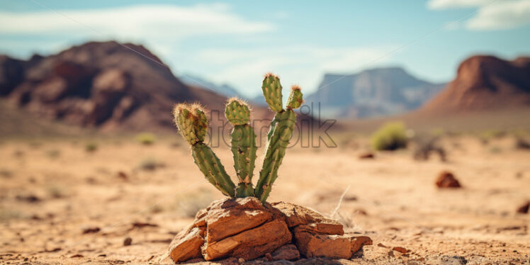 A solitary cactus standing resiliently against the harsh desert backdrop - Starpik Stock