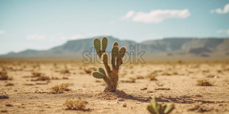 A solitary cactus standing resiliently against the harsh desert backdrop - Starpik Stock