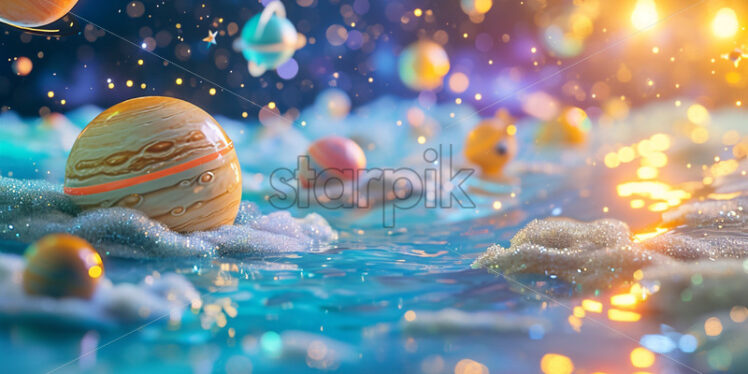 A space-themed swim event with floating planets, starry decorations - Starpik Stock