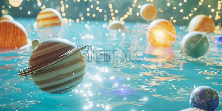 A space-themed swim event with floating planets, starry decorations - Starpik Stock