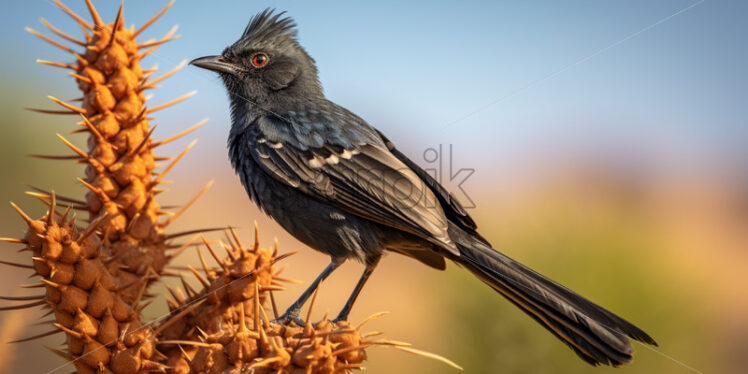 A striking Phainopepla perched on a desert shrub, showcasing its glossy black plumage - Starpik Stock