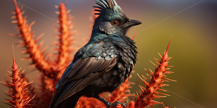 A striking Phainopepla perched on a desert shrub, showcasing its glossy black plumage - Starpik Stock