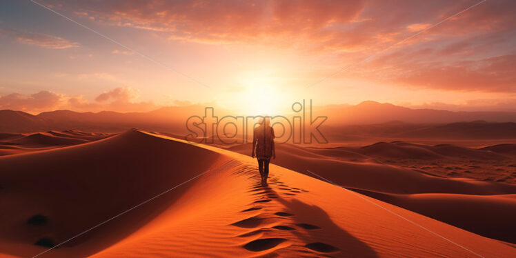 A stunning desert sunrise, casting long shadows over the dunes and rocky terrain - Starpik Stock