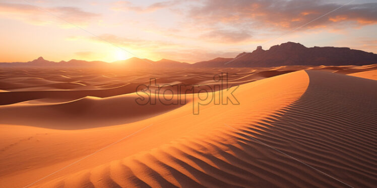 A stunning desert sunrise, casting long shadows over the dunes and rocky terrain - Starpik Stock