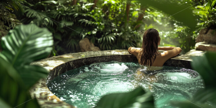 A stunning young woman reclining in a luxurious outdoor spa swimming pool, surrounded by lush greenery - Starpik Stock