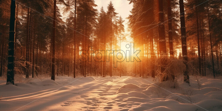 A sunset in the forest in winter - Starpik Stock