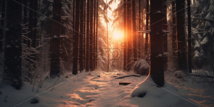 A sunset in the forest in winter - Starpik Stock