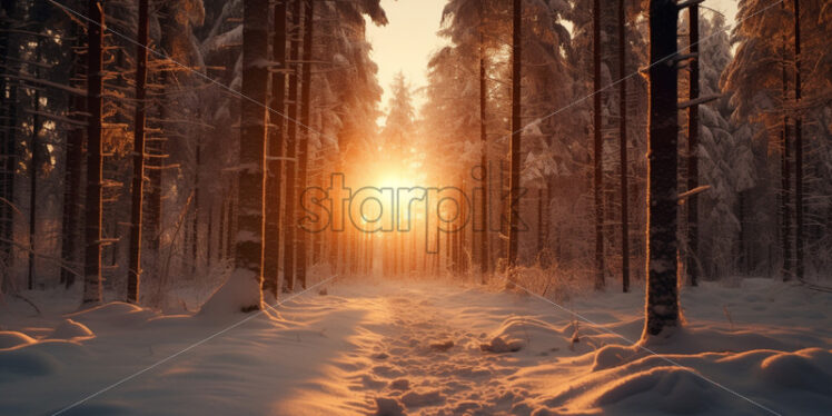 A sunset in the forest in winter - Starpik Stock