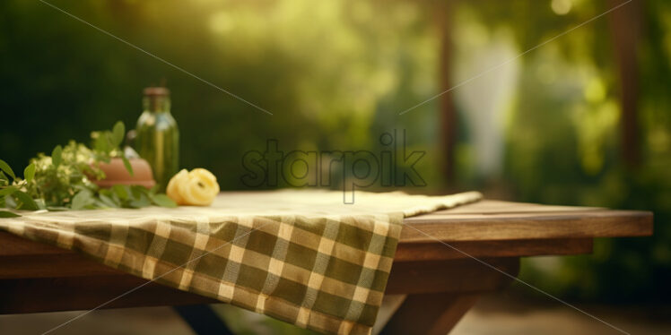 A table on which there is a checkered tablecloth on the background of a blurred greenery - Starpik Stock