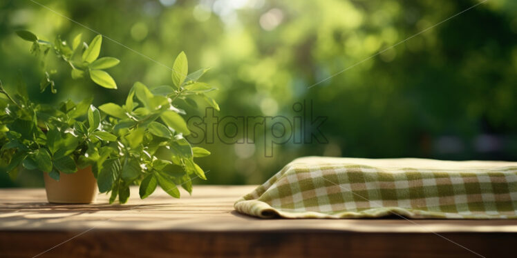 A table on which there is a checkered tablecloth on the background of a blurred greenery - Starpik Stock