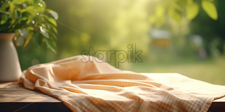 A table on which there is a checkered tablecloth on the background of a blurred greenery - Starpik Stock