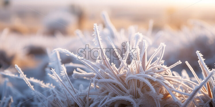 A thick layer of frost covering desert vegetation on a chilly winter morning - Starpik Stock