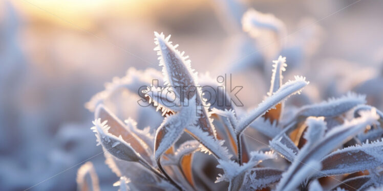 A thick layer of frost covering desert vegetation on a chilly winter morning - Starpik Stock