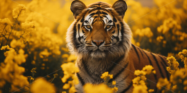 A tiger on a field with yellow flowers - Starpik Stock