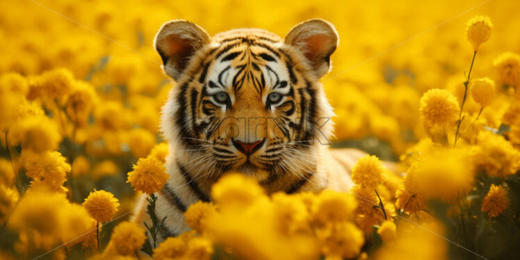 A tiger on a field with yellow flowers - Starpik Stock