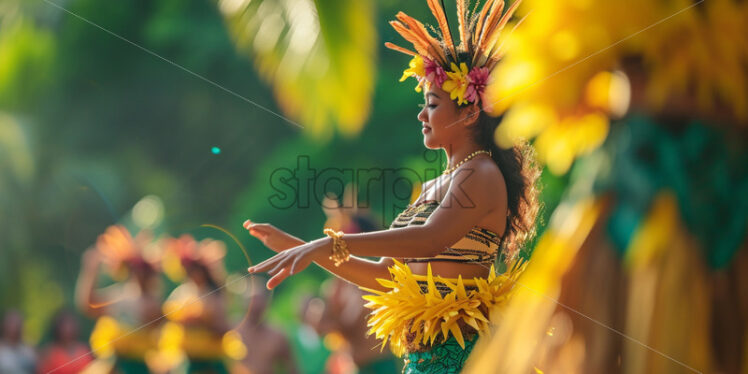 A traditional Polynesian dance performance under the swaying palms - Starpik Stock