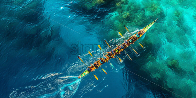 A traditional Polynesian outrigger canoe race in the azure waters - Starpik Stock