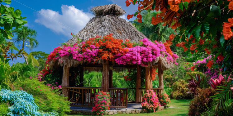 A traditional tiki hut adorned with vibrant floral decorations - Starpik Stock