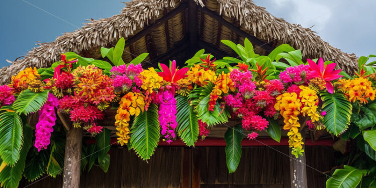 A traditional tiki hut adorned with vibrant floral decorations - Starpik Stock