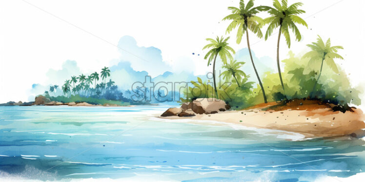 A tropical beach, in watercolor clipart style - Starpik Stock