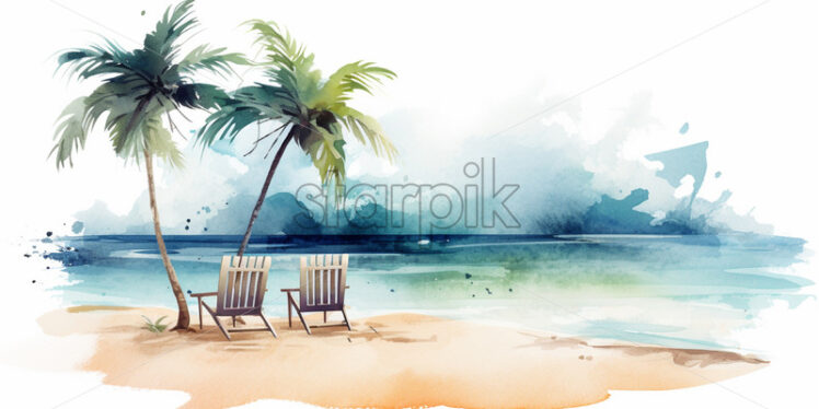 A tropical beach, in watercolor clipart style - Starpik Stock