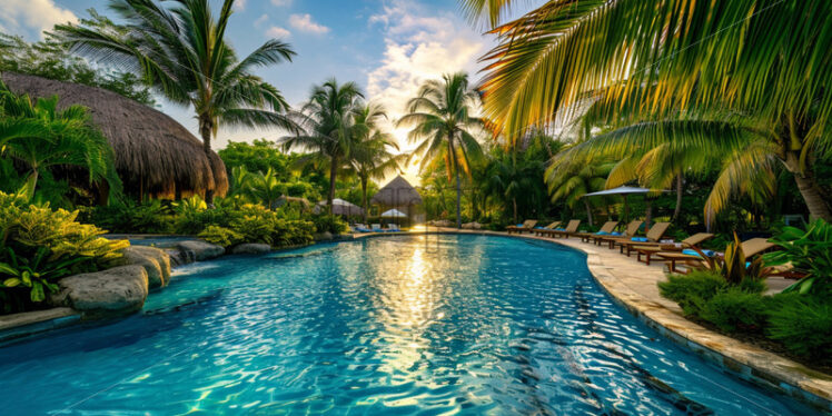 A tropical paradise at a poolside resort - Starpik Stock