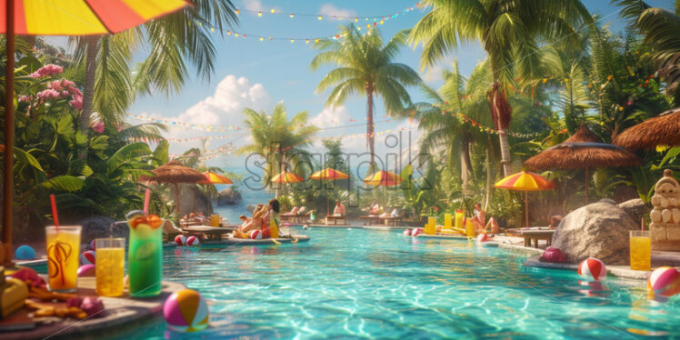 A tropical paradise pool party for kids, complete with palm trees, tropical drinks, and beach ball games - Starpik Stock