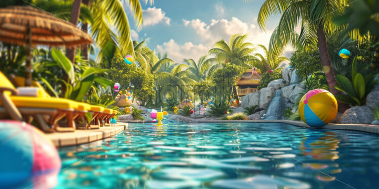 A tropical paradise pool party for kids, complete with palm trees, tropical drinks, and beach ball games - Starpik Stock