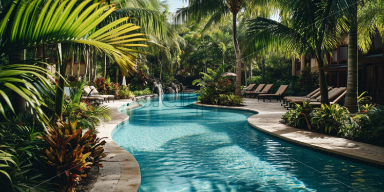 A tropical rest area with a swimming pool and palm trees - Starpik Stock