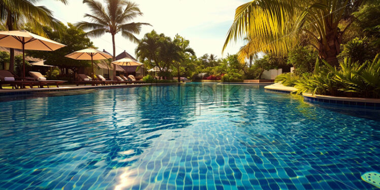 A tropical rest area with a swimming pool and palm trees - Starpik Stock