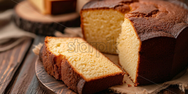 A vanilla cake on a wooden bottom cut into slices - Starpik Stock