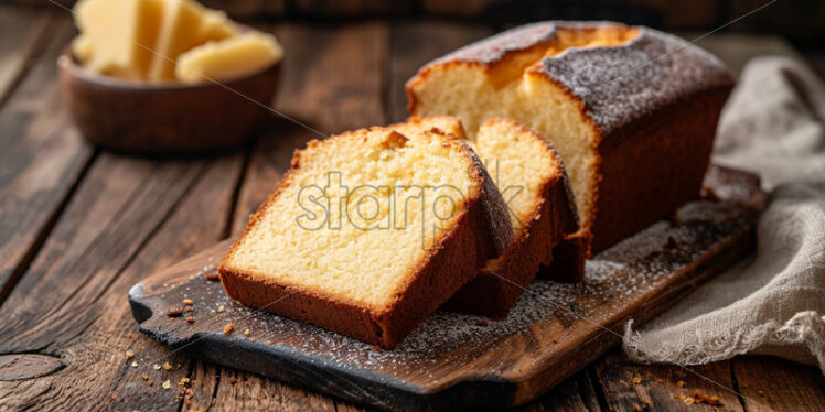 A vanilla cake on a wooden bottom cut into slices - Starpik Stock