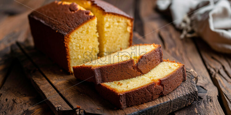 A vanilla cake on a wooden bottom cut into slices - Starpik Stock