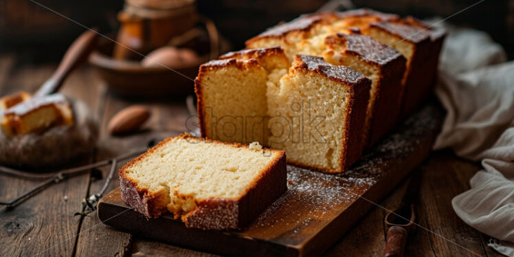 A vanilla cake on a wooden bottom cut into slices - Starpik Stock