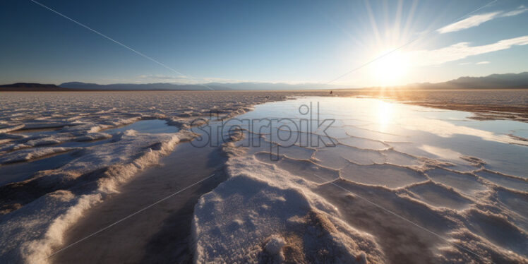 A vast salt flat extending in all directions, reflecting the intense sunlight - Starpik Stock